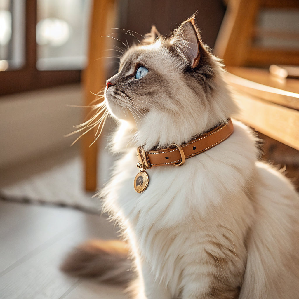 Beautiful cat wearing a premium saddle-tan leather collar