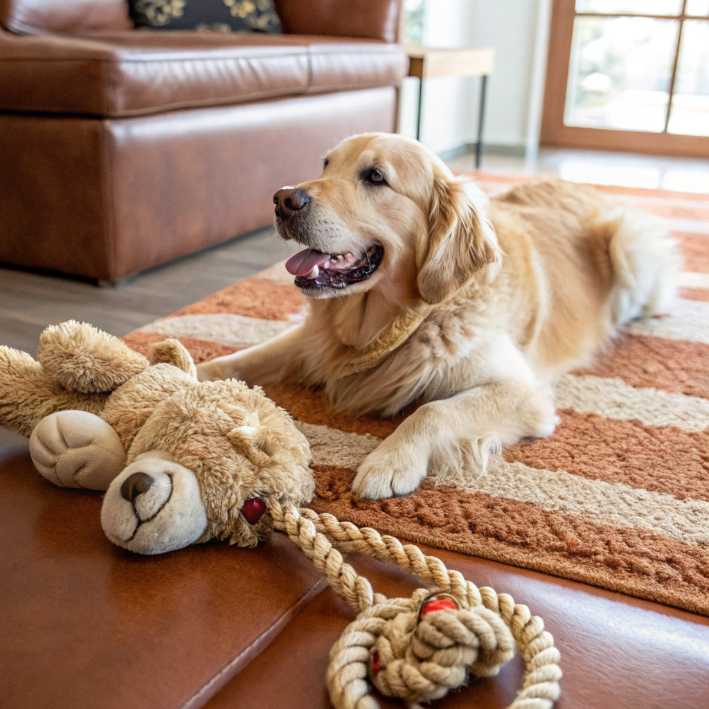 Dog playing with premium toys