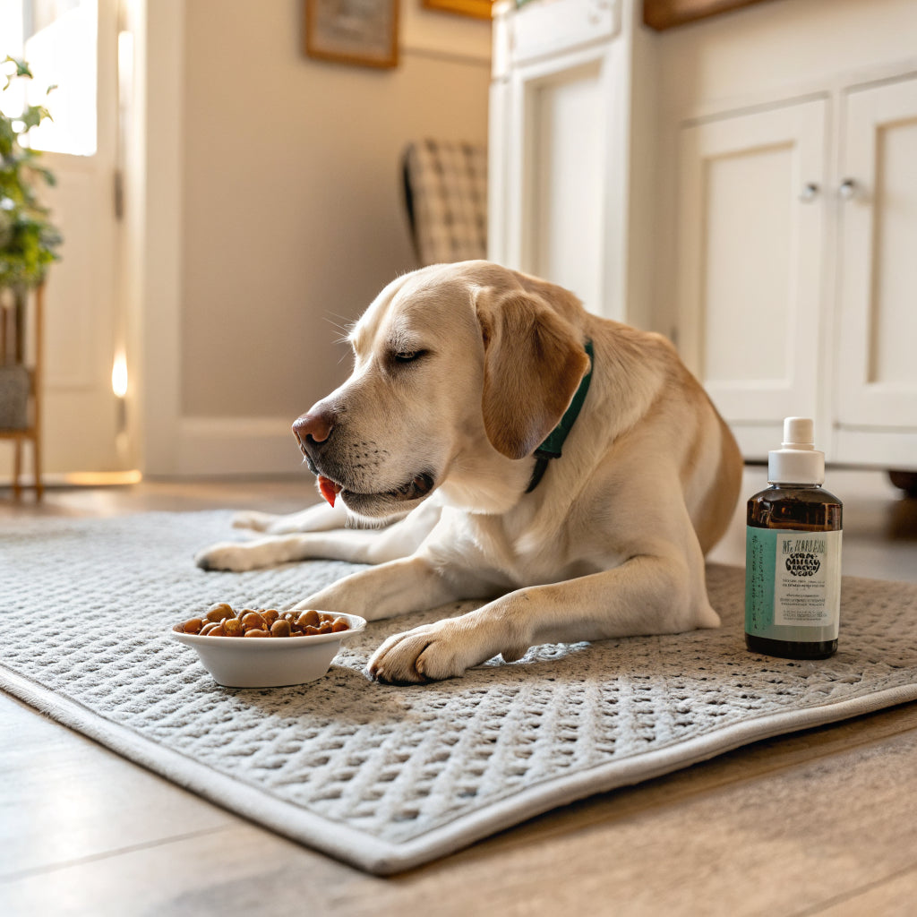 Dog with wellness supplements and lick mat