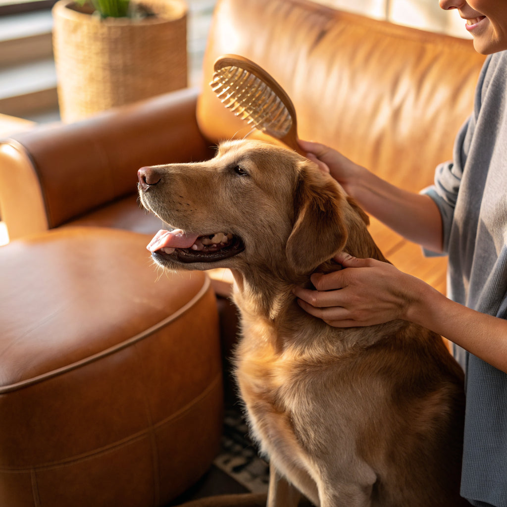 Dog being groomed with a wooden brush