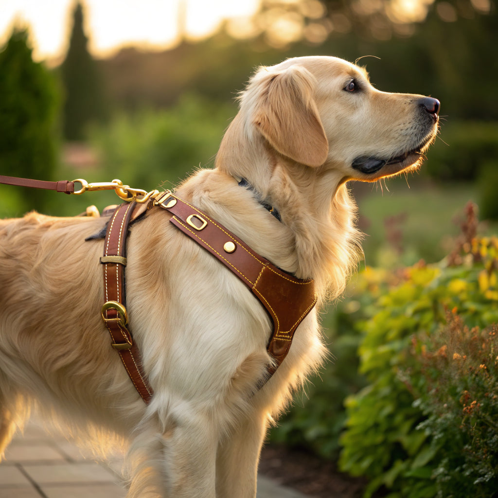 Golden retriever wearing a premium saddle-tan leather dog harness