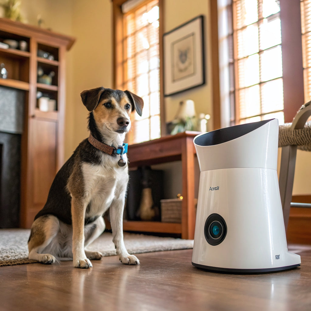 Dog with a smart pet feeder and camera