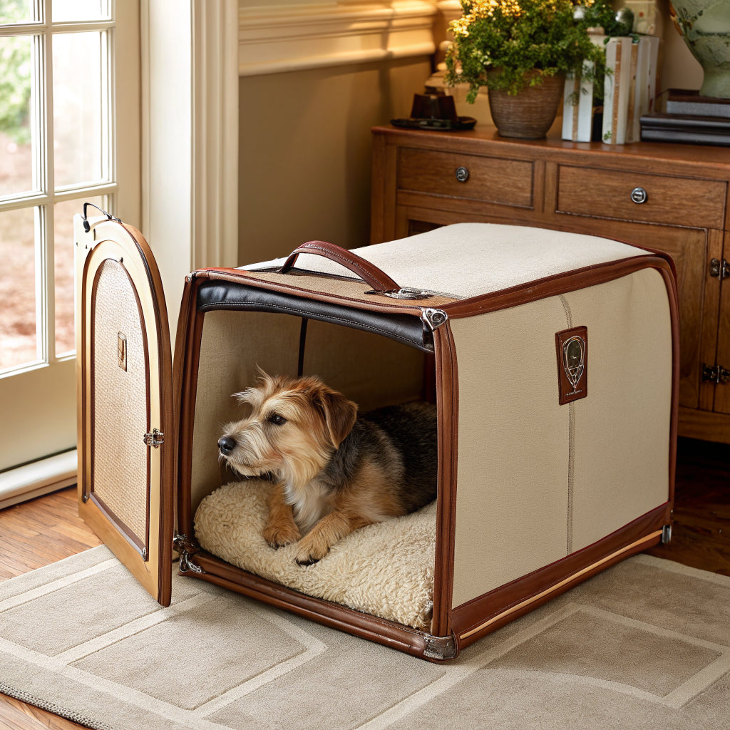Dog resting in a premium travel crate