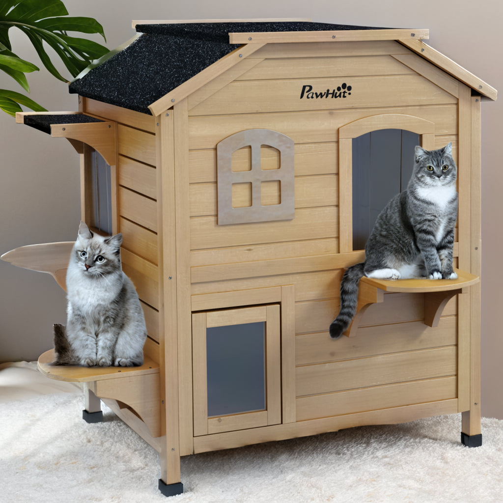 Outdoor Solid Fir Wood 2-Story Cat House - premium product photo