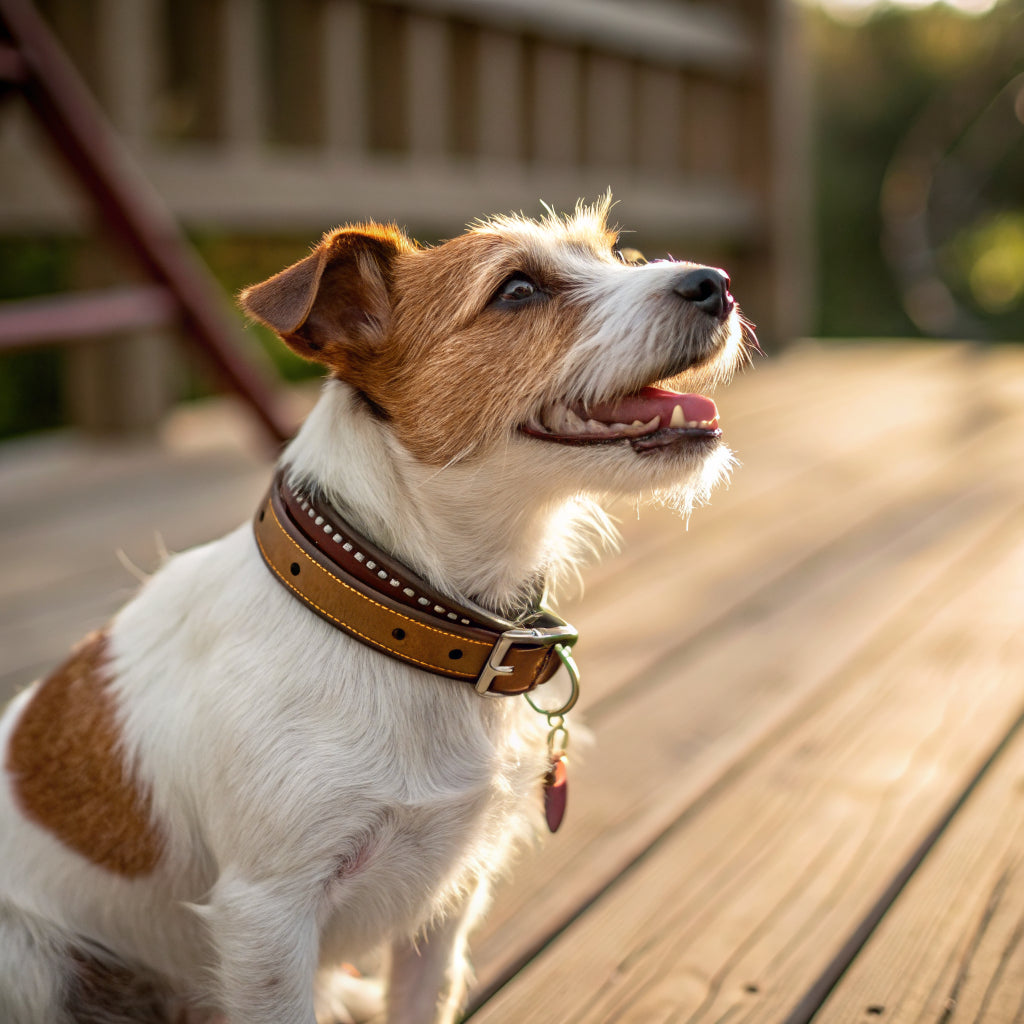 Biscuit the terrier wearing a leather collar