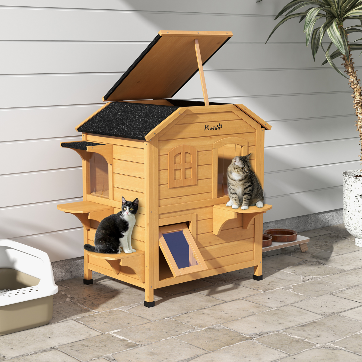 Outdoor Solid Fir Wood 2-Story Cat House with Openable Roof & Cat Condo, 30kg