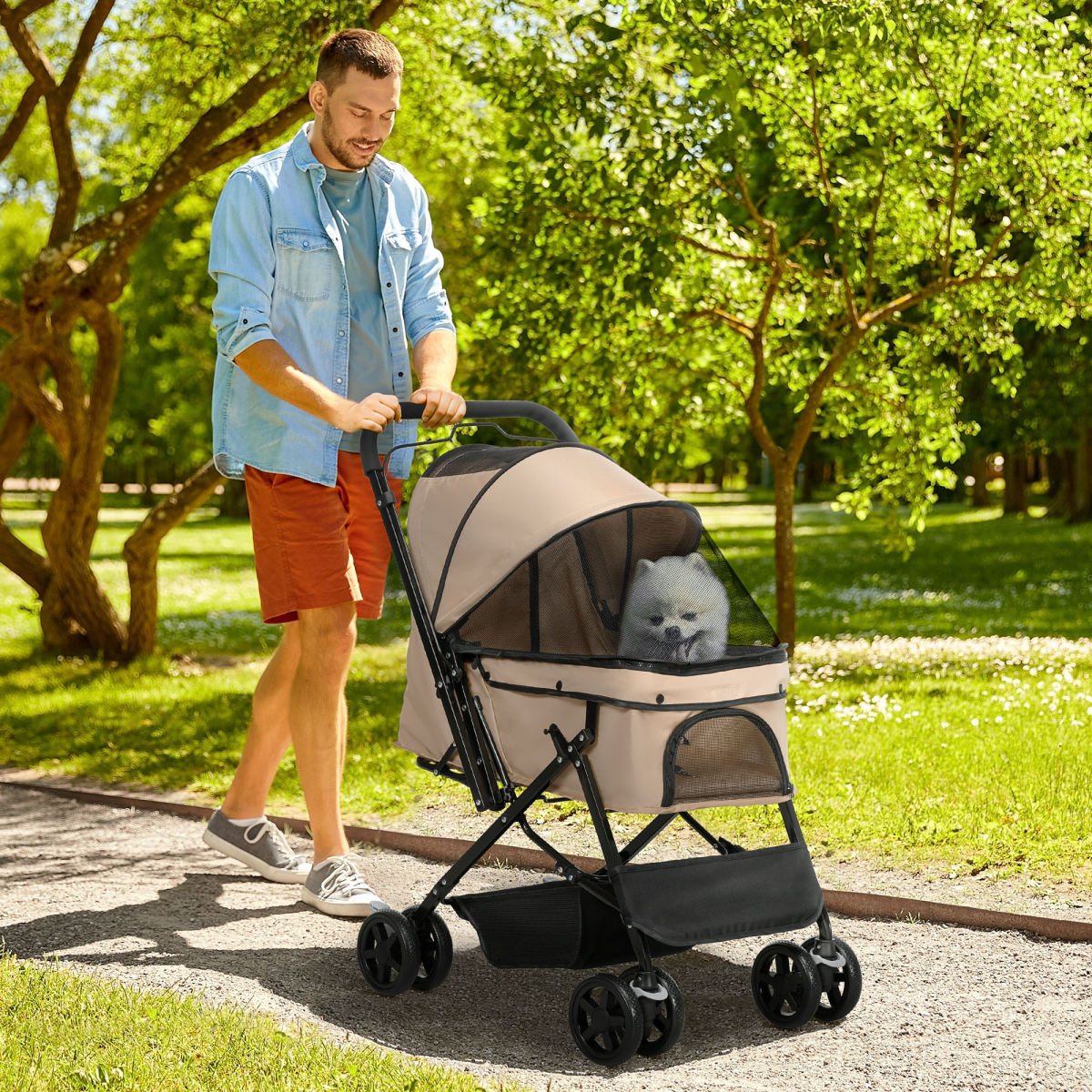 Pet Stroller Foldable Travel Carriage, Reversible Handle, Brown (15KG)