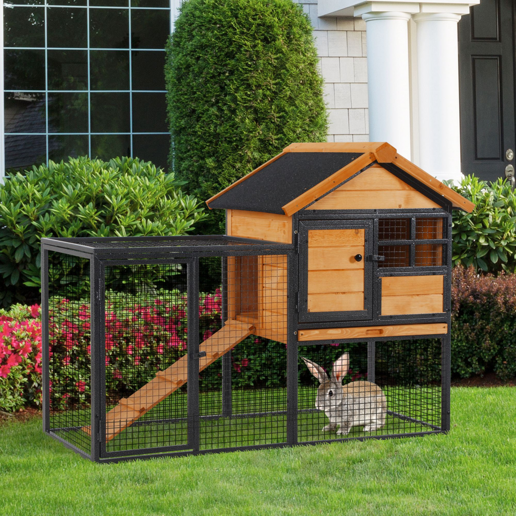 Wood-Metal Elevated Rabbit Hutch Outdoor 122x63x92cm w/ Ramp & Pull-Out Tray