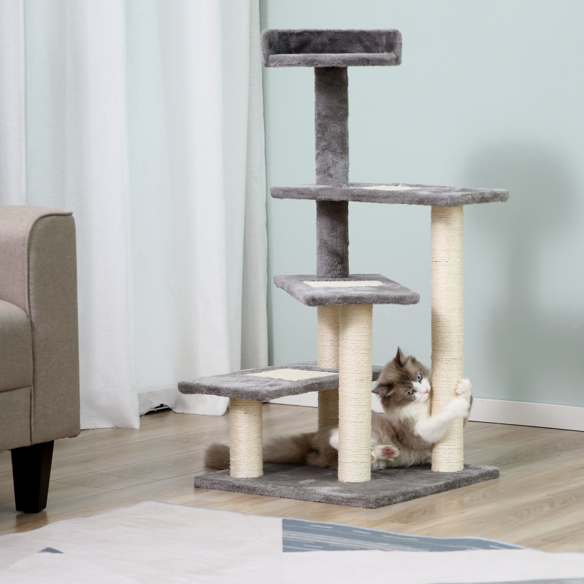 PawHut Plush Cat Tree Activity Center Kitten Climbing Tower Scratch Post (48x48x99.5cm)
