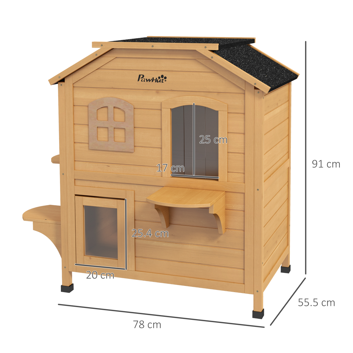 Outdoor Solid Fir Wood 2-Story Cat House with Openable Roof & Cat Condo, 30kg
