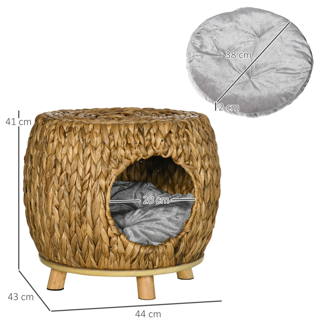 Rattan Cat House Stool Wicker Kitten Bed w/ Cushion for Indoors & Outdoors