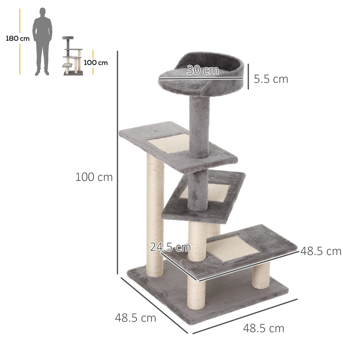 PawHut Plush Cat Tree Activity Center Kitten Climbing Tower Scratch Post (48x48x99.5cm)