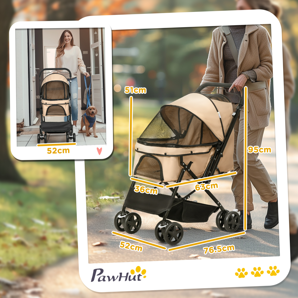 Pet Stroller Foldable Travel Carriage, Reversible Handle, Brown (15KG)