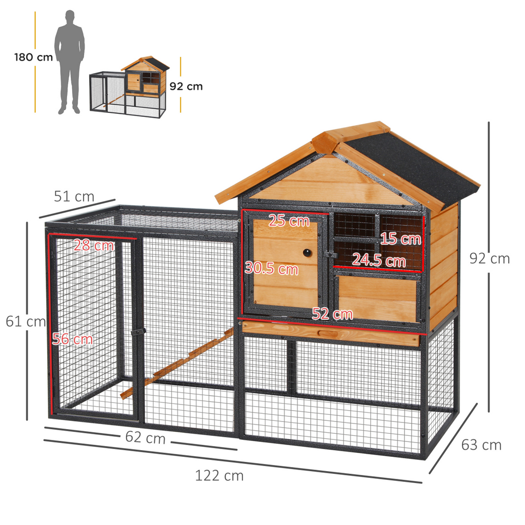 Wood-Metal Elevated Rabbit Hutch Outdoor 122x63x92cm w/ Ramp & Pull-Out Tray