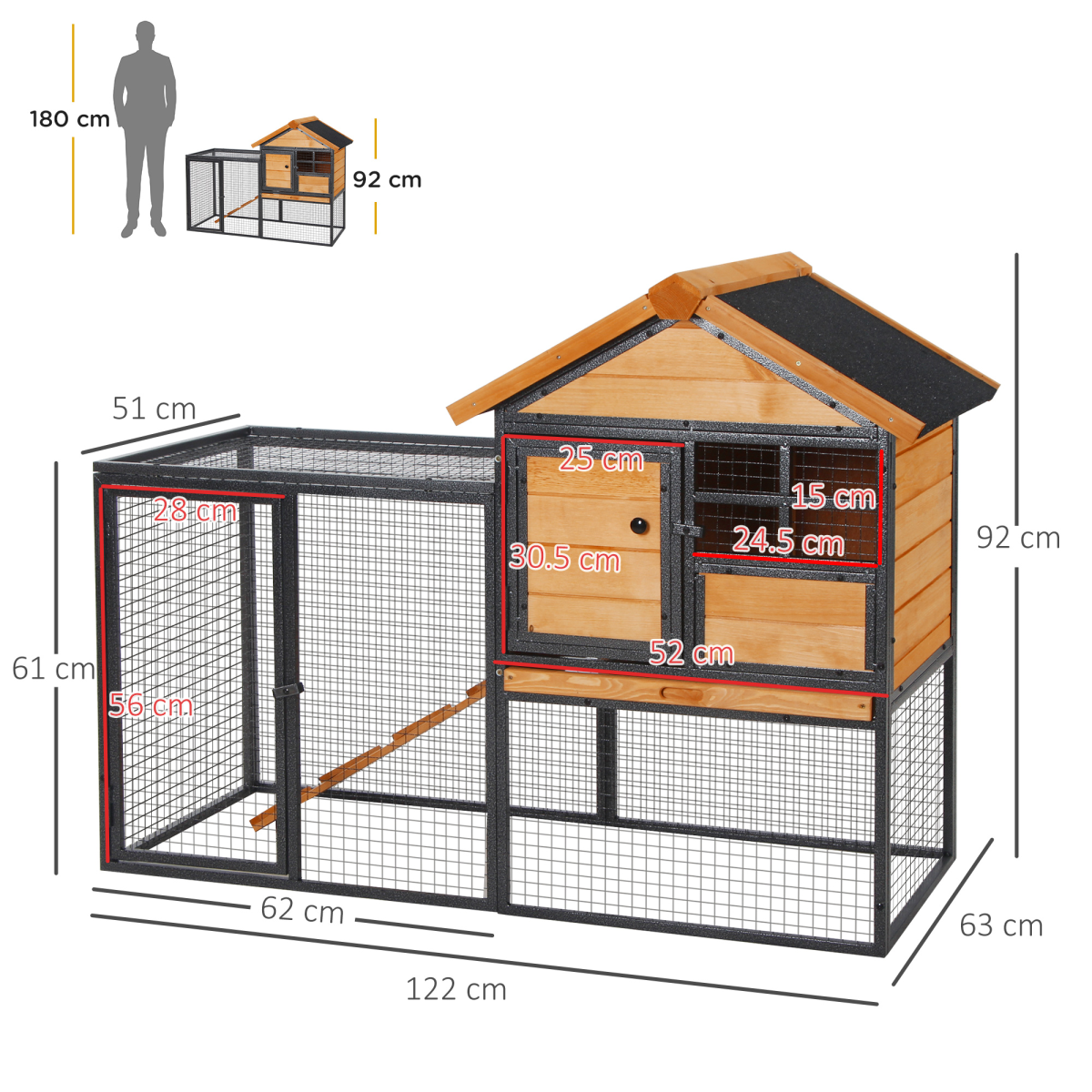 Wood-Metal Elevated Rabbit Hutch Outdoor 122x63x92cm w/ Ramp & Pull-Out Tray