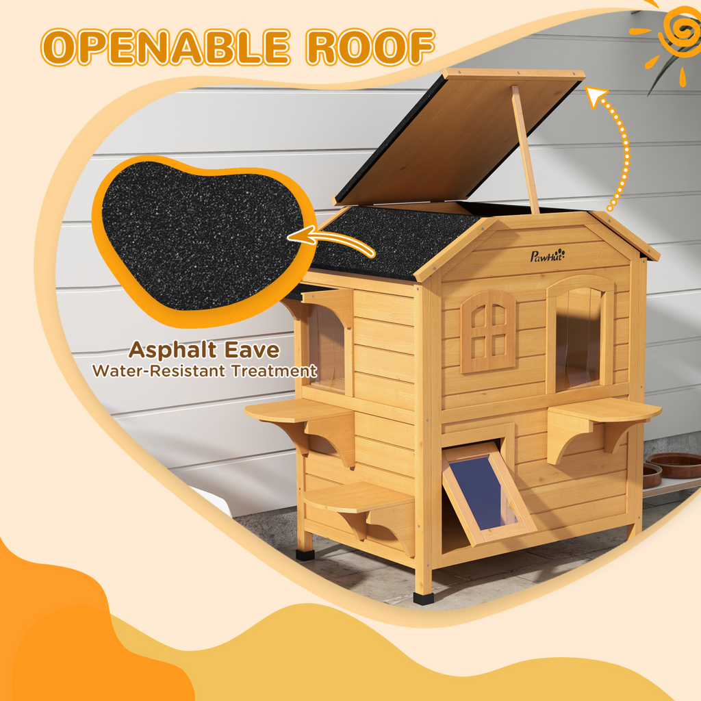 Outdoor Solid Fir Wood 2-Story Cat House with Openable Roof & Cat Condo, 30kg