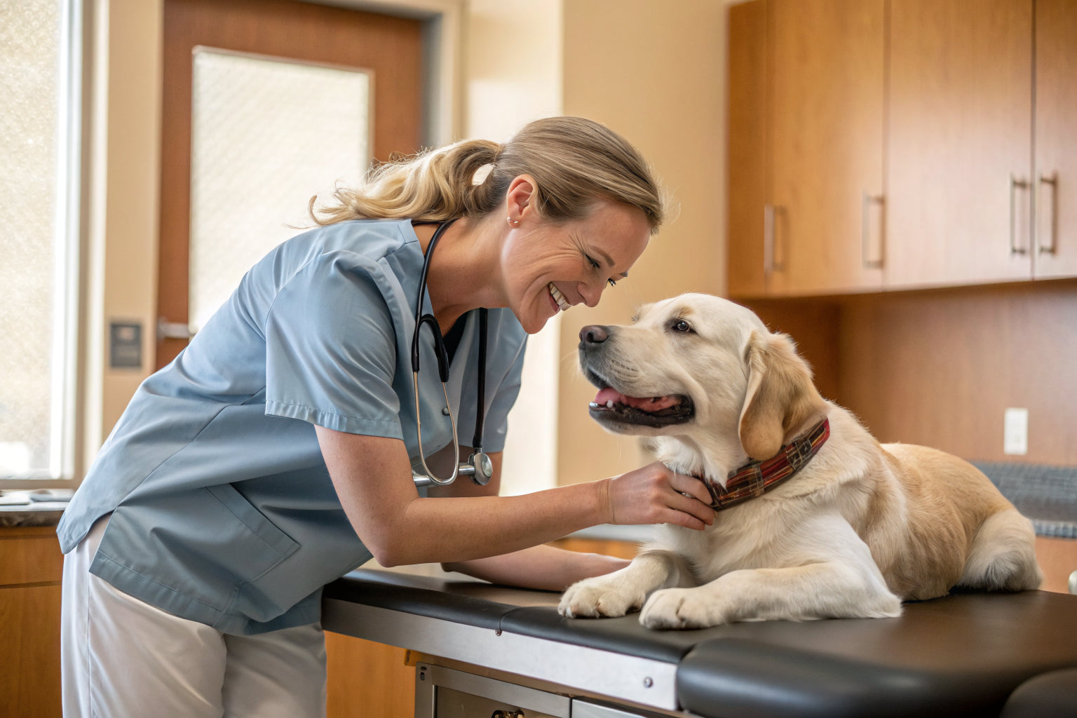 Veterinarian examining a friendly dog