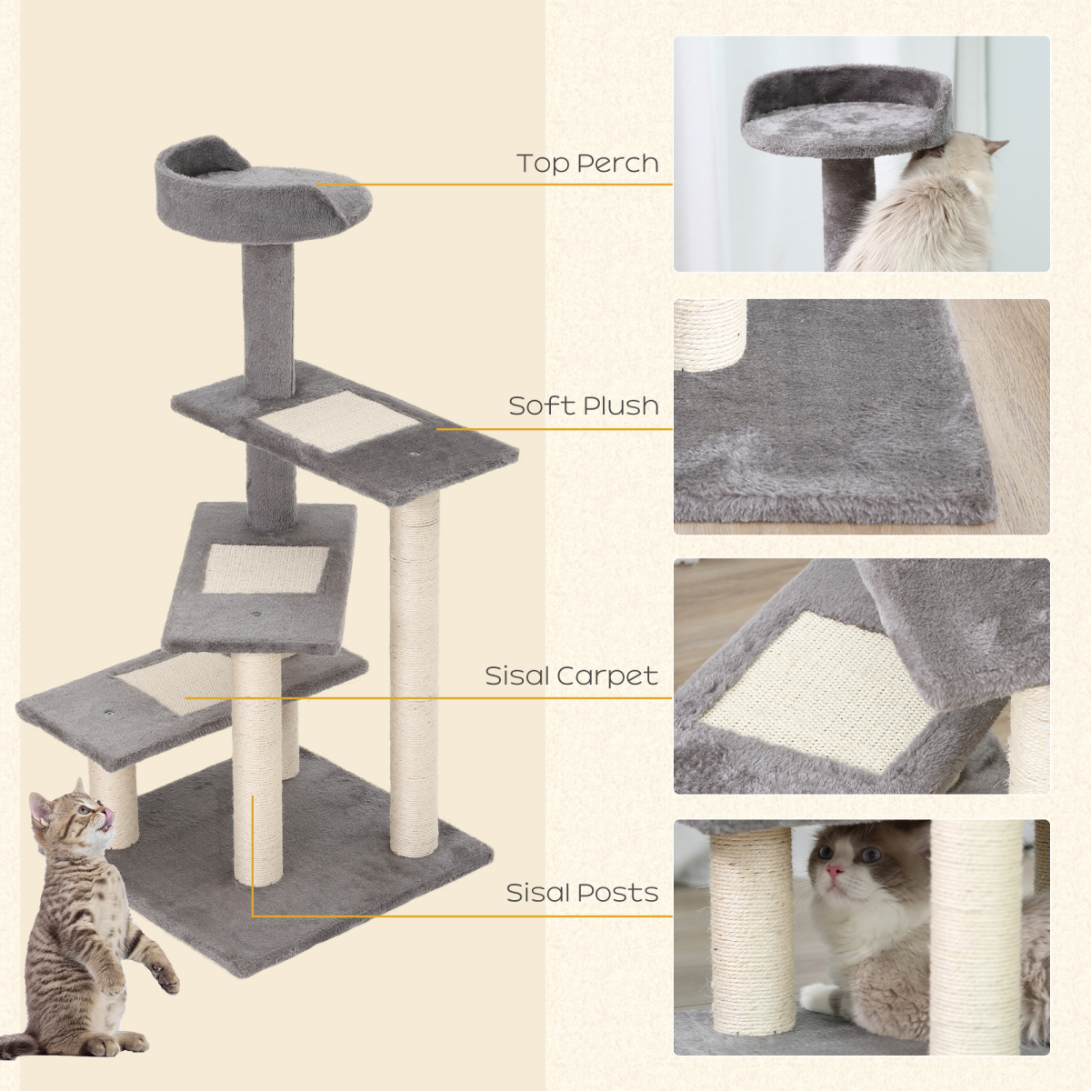 PawHut Plush Cat Tree Activity Center Kitten Climbing Tower Scratch Post (48x48x99.5cm)