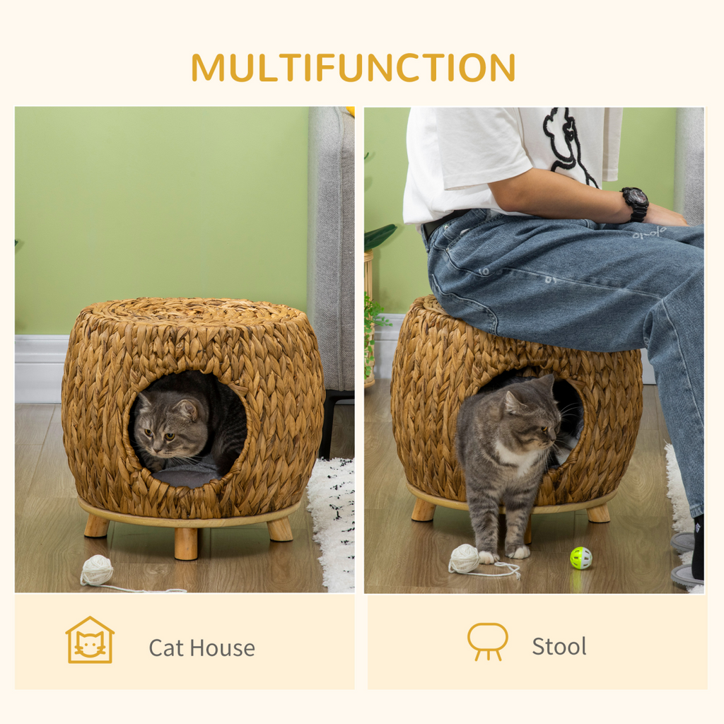 Rattan Cat House Stool Wicker Kitten Bed w/ Cushion for Indoors & Outdoors