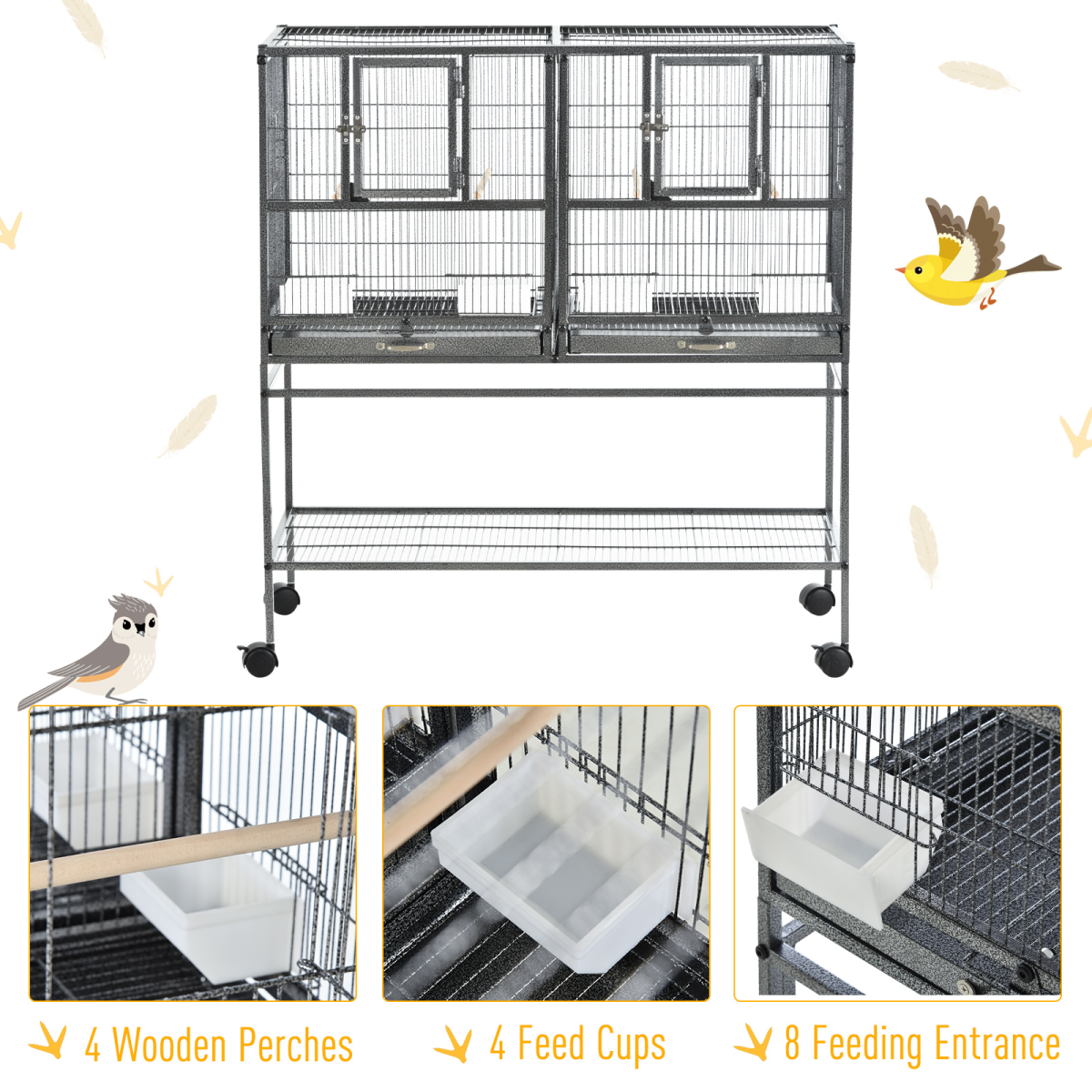 Large Bird Cage for Finch, Canary, Parakeet & Cockatiel w/ Bowls