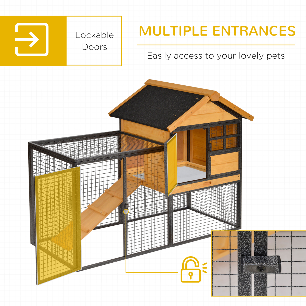 Wood-Metal Elevated Rabbit Hutch Outdoor 122x63x92cm w/ Ramp & Pull-Out Tray
