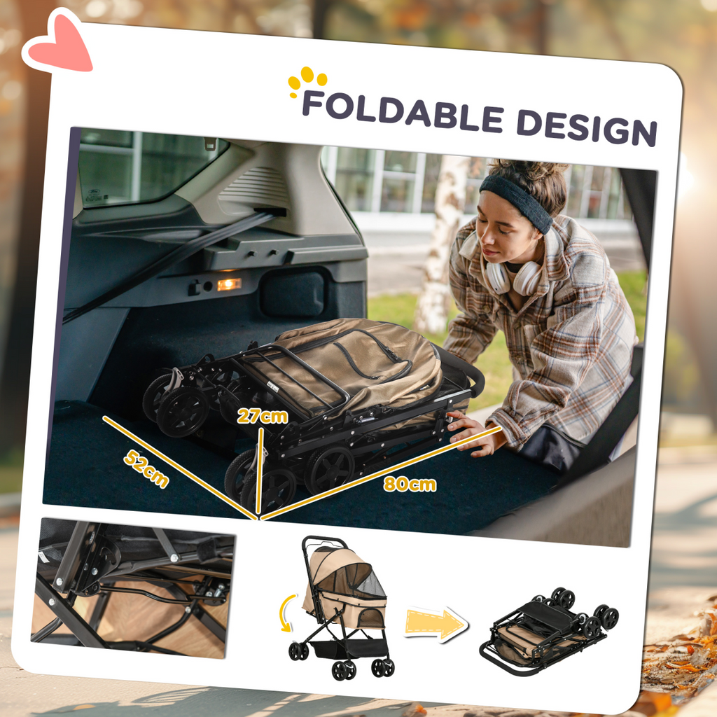 Pet Stroller Foldable Travel Carriage, Reversible Handle, Brown (15KG)