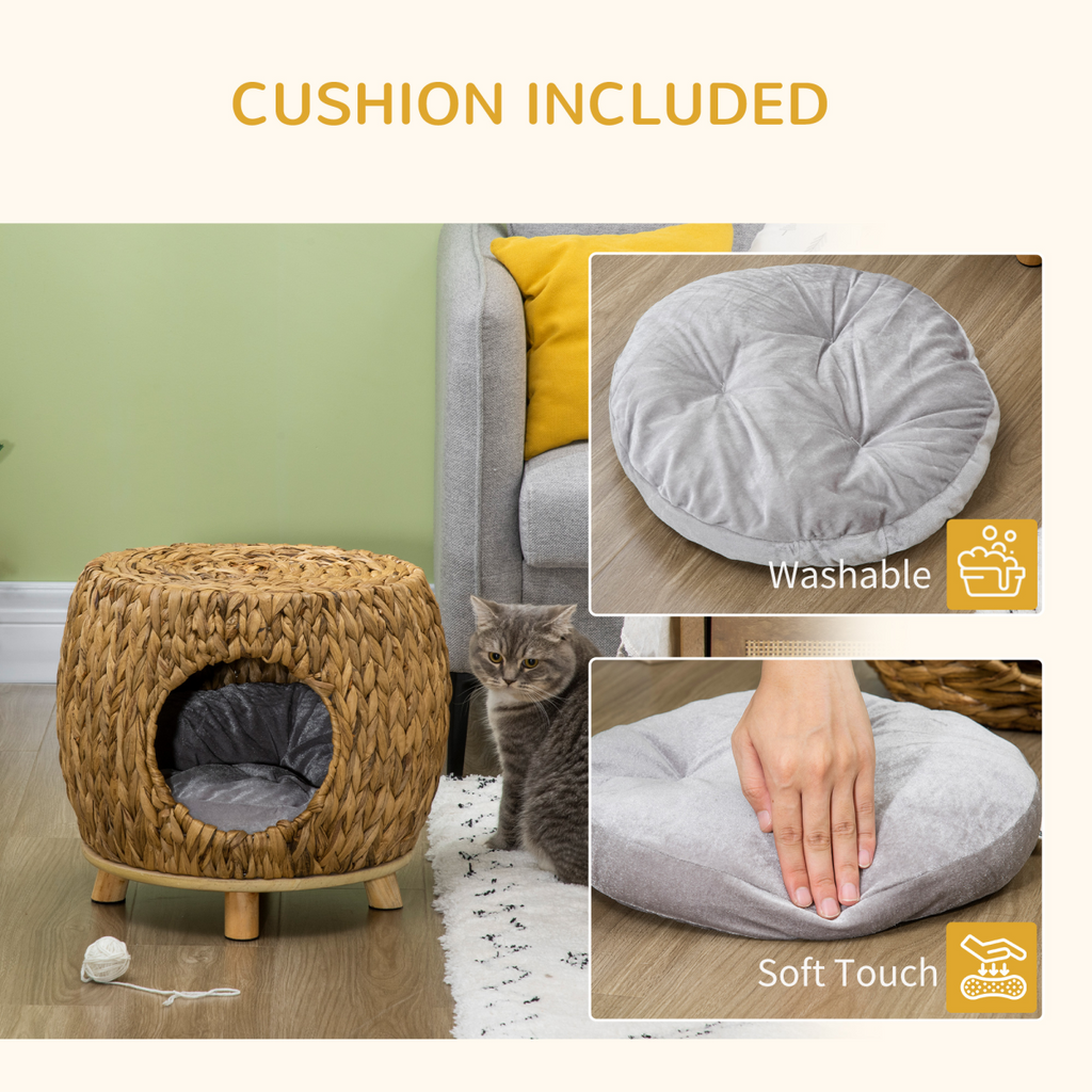 Rattan Cat House Stool Wicker Kitten Bed w/ Cushion for Indoors & Outdoors