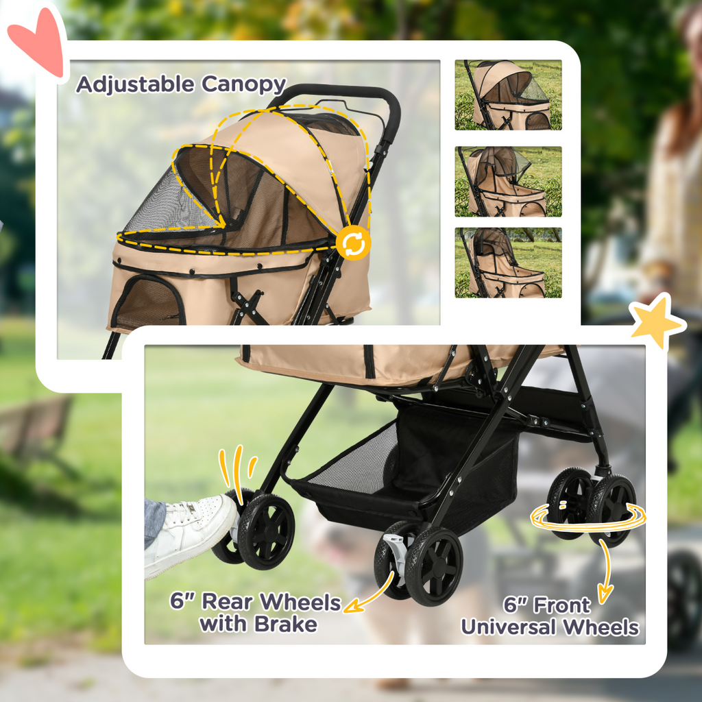 Pet Stroller Foldable Travel Carriage, Reversible Handle, Brown (15KG)