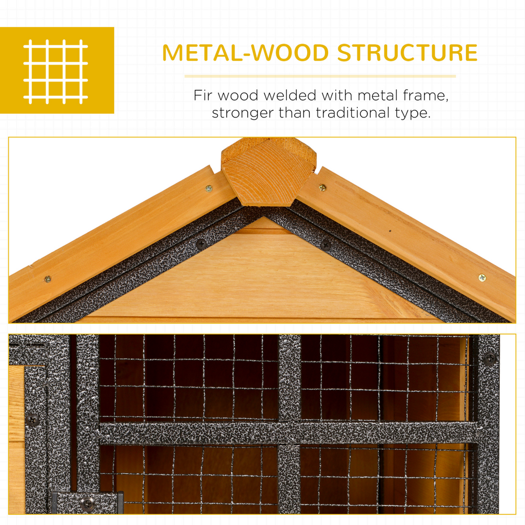 Wood-Metal Elevated Rabbit Hutch Outdoor 122x63x92cm w/ Ramp & Pull-Out Tray