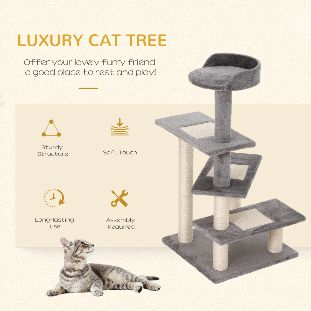 PawHut Plush Cat Tree Activity Center Kitten Climbing Tower Scratch Post (48x48x99.5cm)