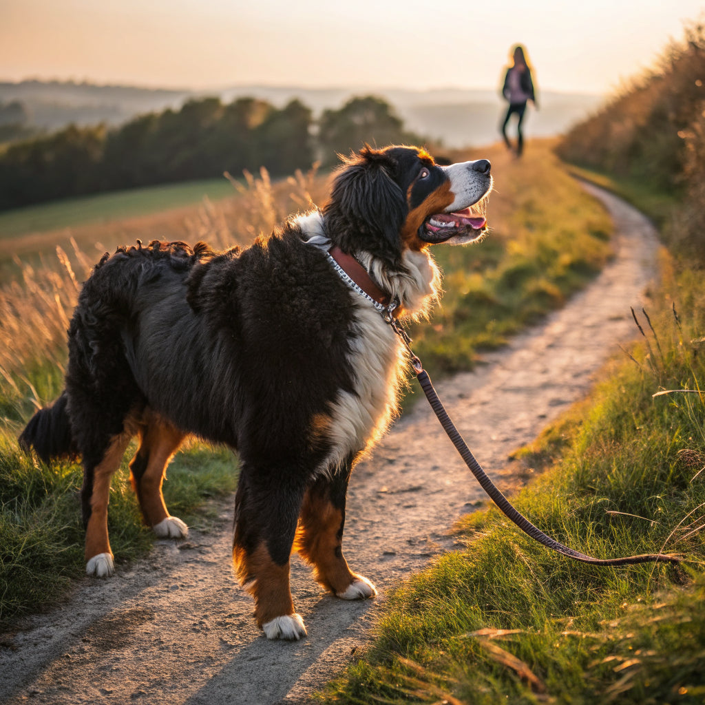 Juniper the Bernese mountain dog on a walk
