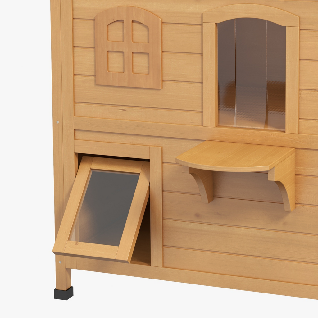 Outdoor Solid Fir Wood 2-Story Cat House with Openable Roof & Cat Condo, 30kg
