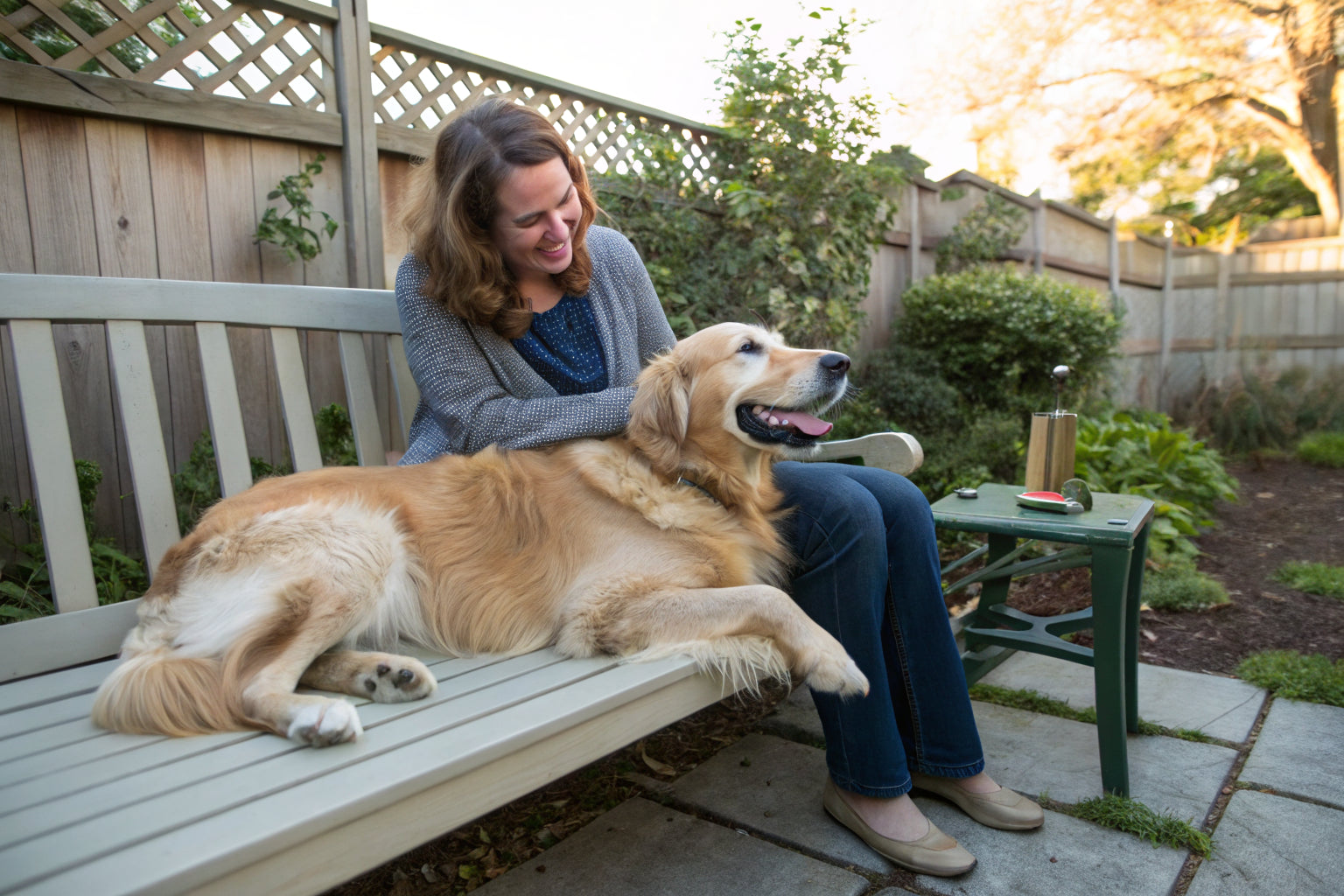 Woman with healthy golden retriever relaxing on a garden bench, health and wellness for pets