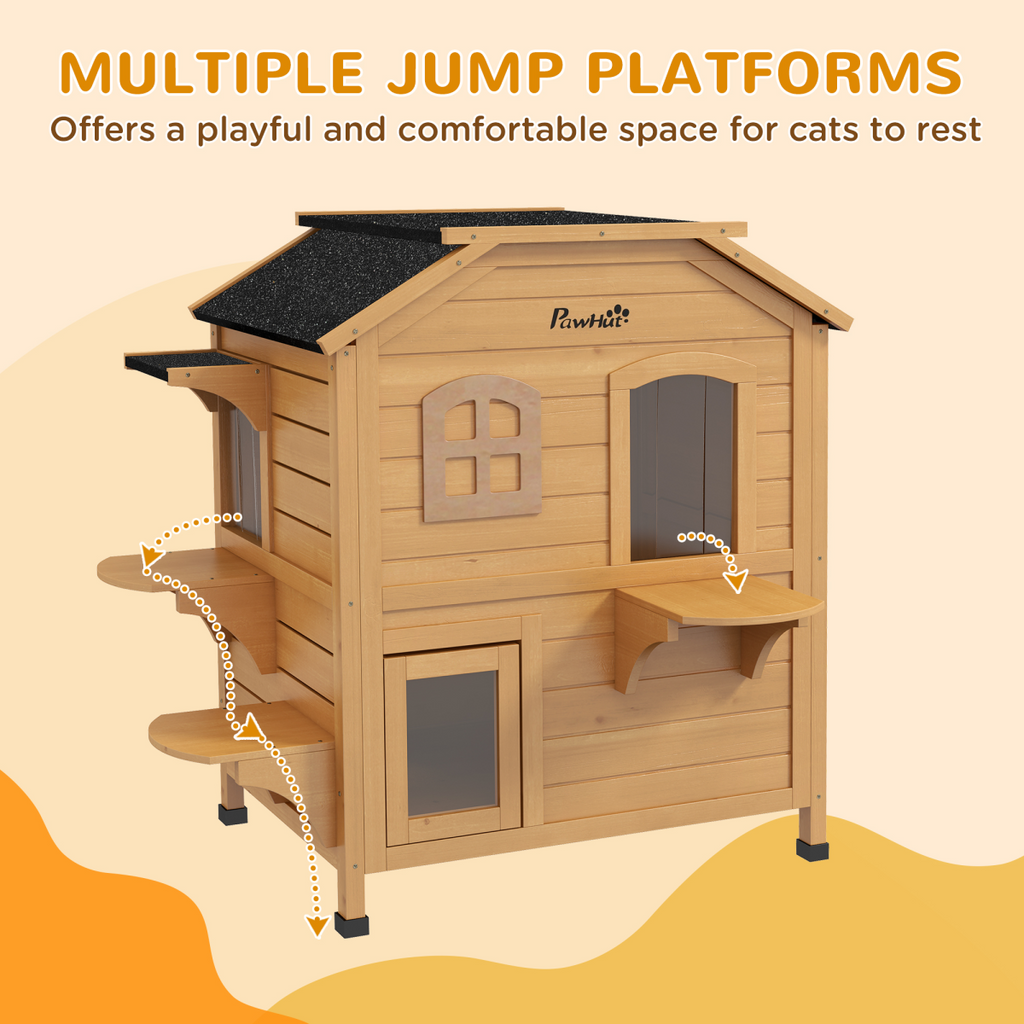 Outdoor Solid Fir Wood 2-Story Cat House with Openable Roof & Cat Condo, 30kg