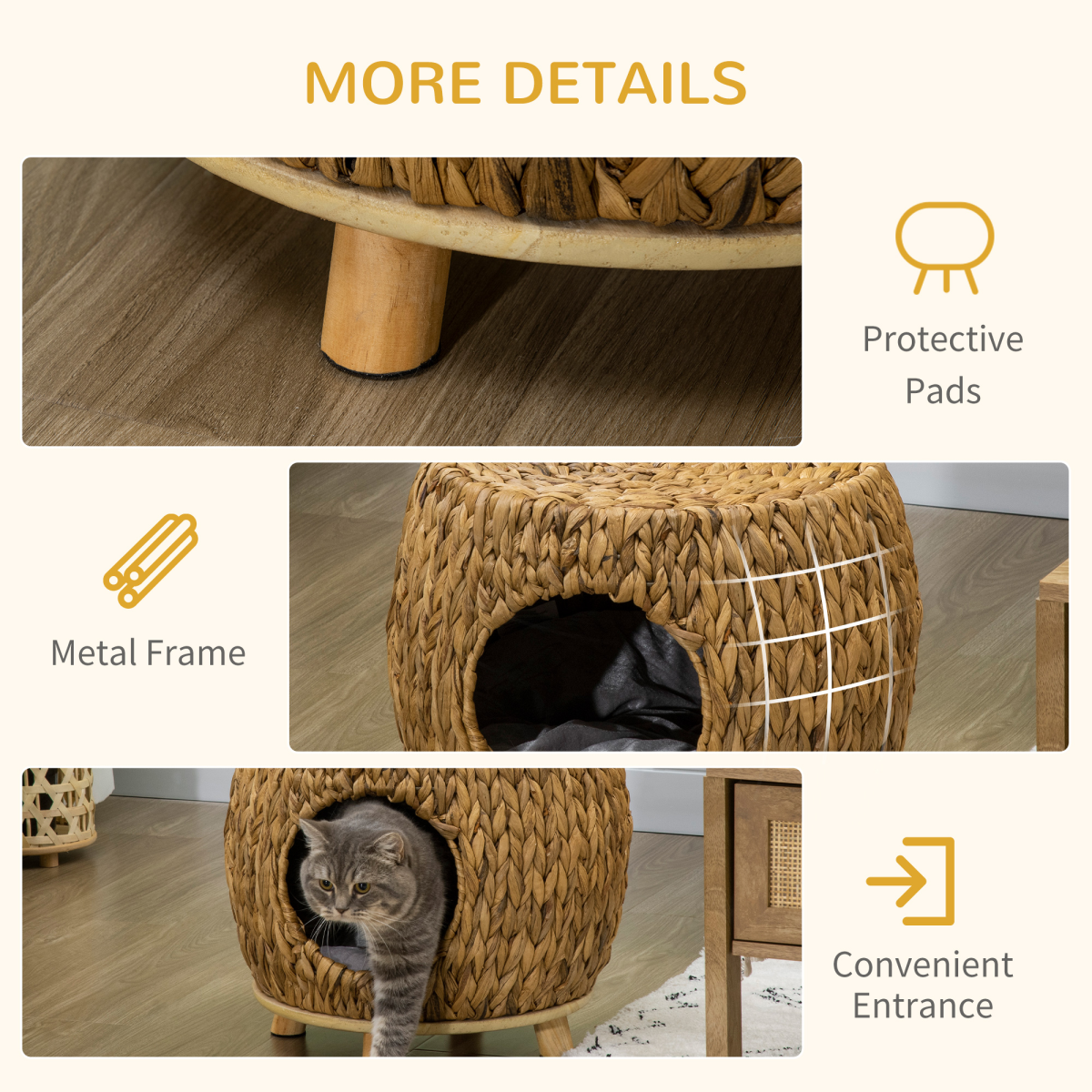 Rattan Cat House Stool Wicker Kitten Bed w/ Cushion for Indoors & Outdoors