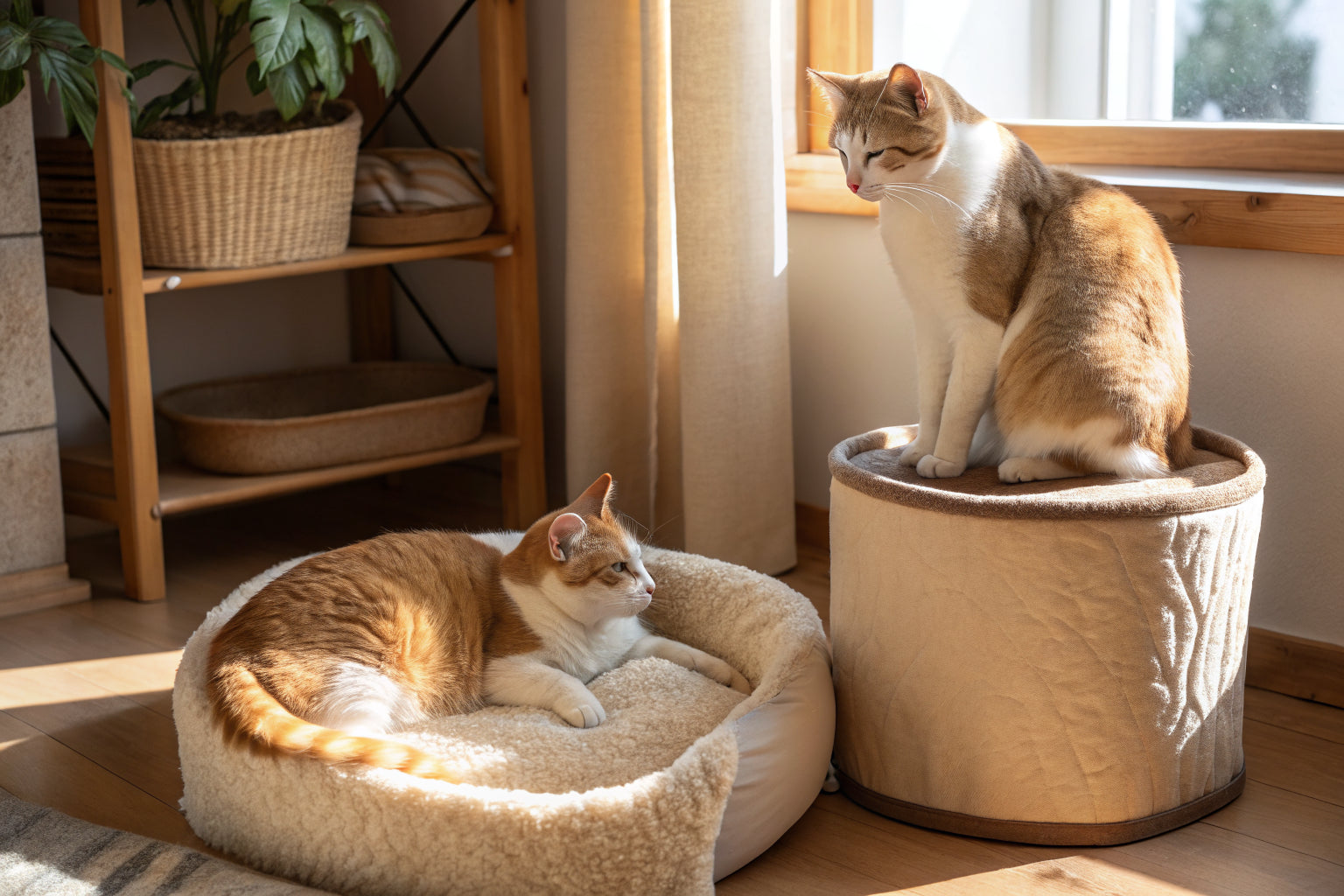 Two cats in different styles of cat beds