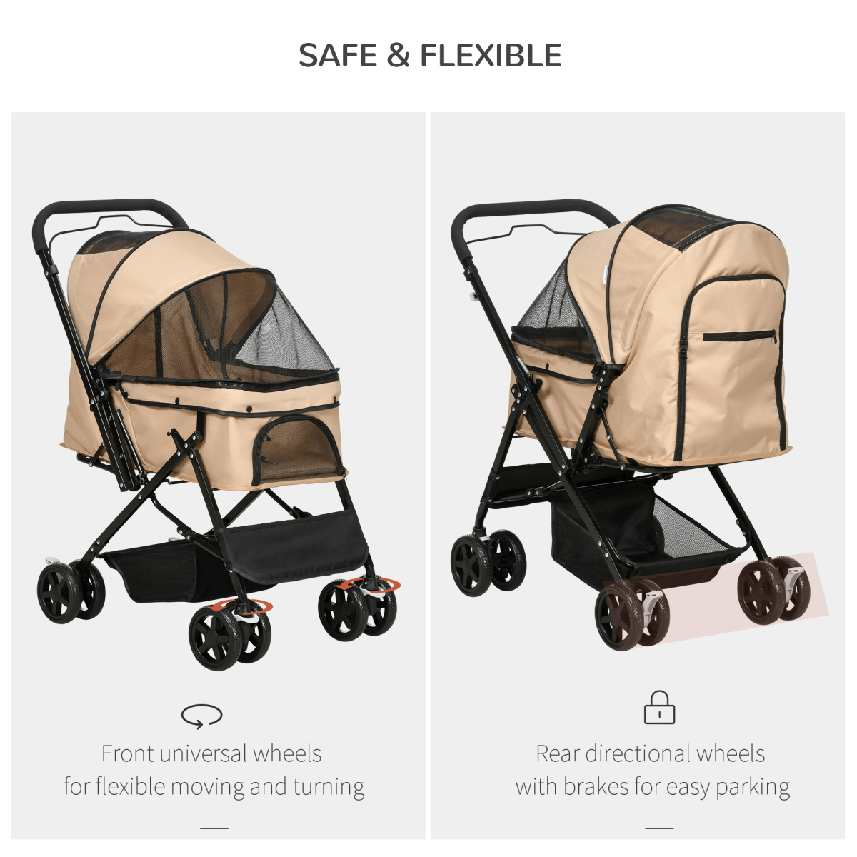 Pet Stroller Foldable Travel Carriage, Reversible Handle, Brown (15KG)