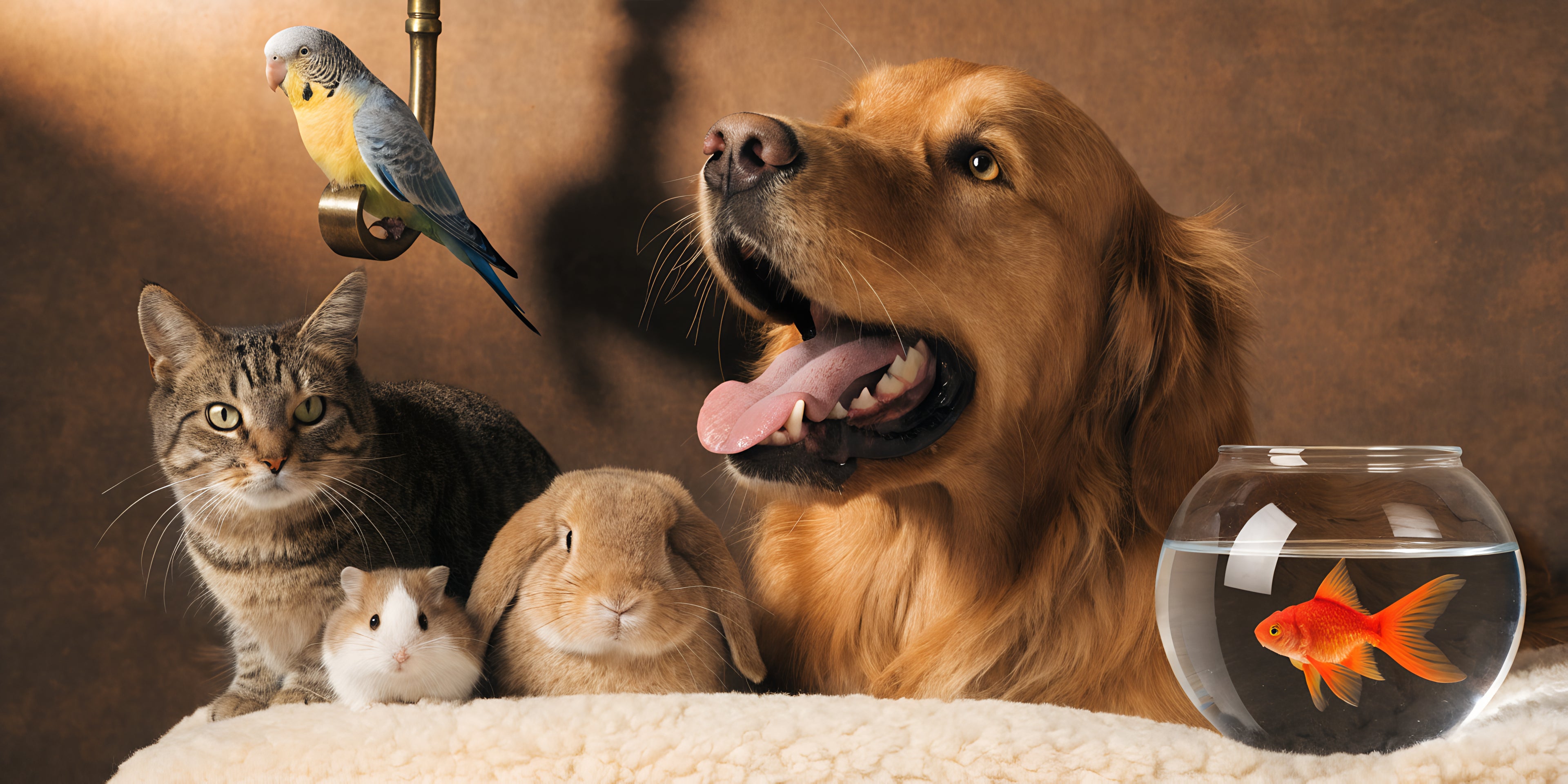 Golden retriever, cat, hamster, rabbit, bird and fish - wide hero