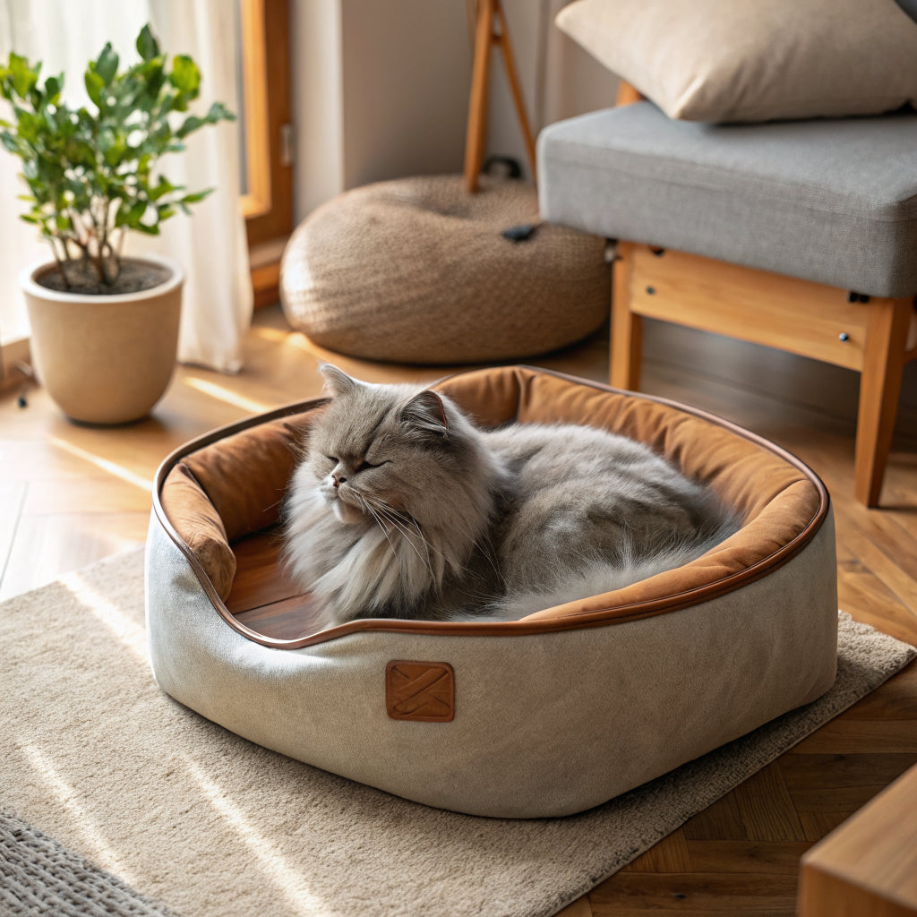 Mochi the cat curled up in a premium cat bed