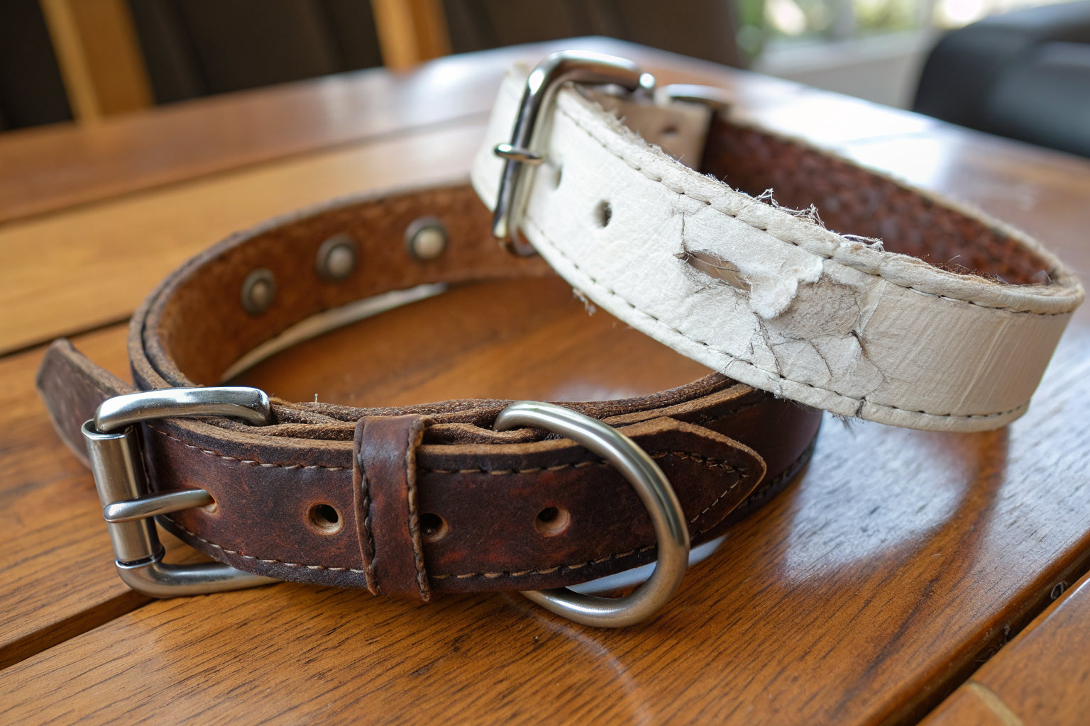 Worn versus new leather dog collar comparison
