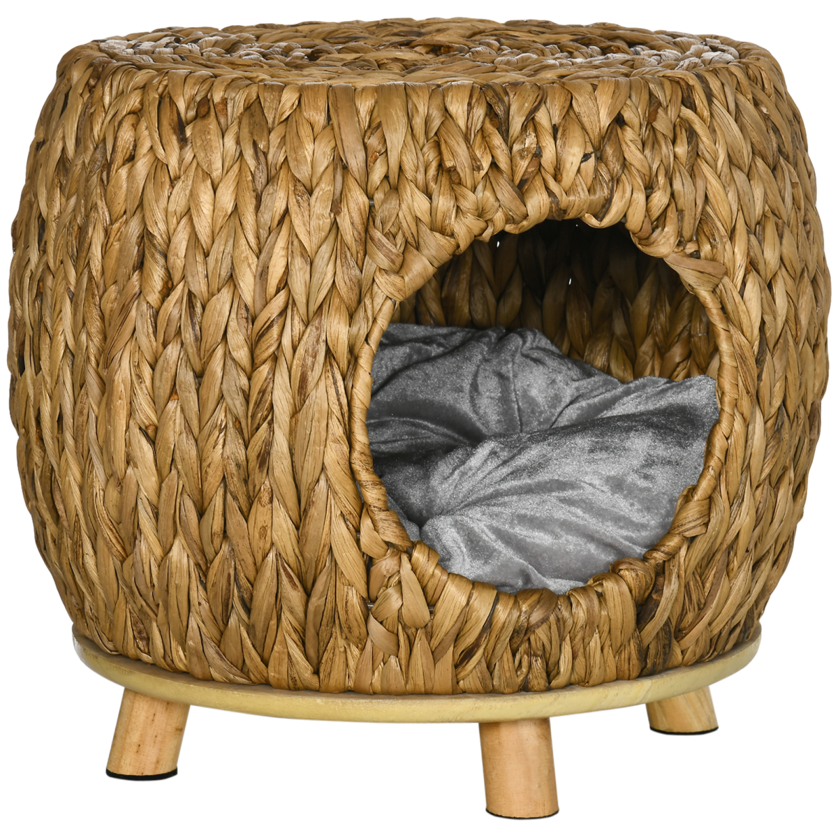 Rattan Cat House Stool Wicker Kitten Bed w/ Cushion for Indoors & Outdoors