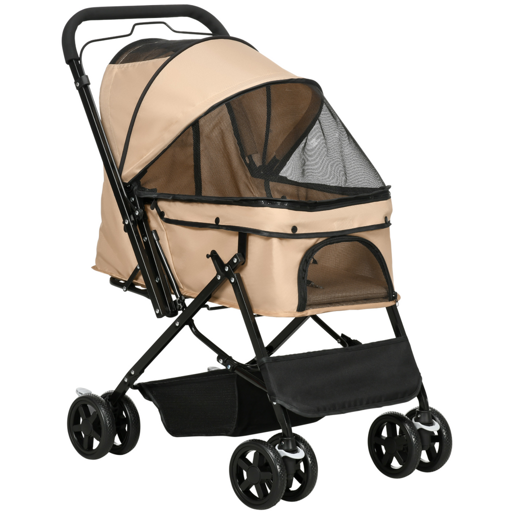 Pet Stroller Foldable Travel Carriage, Reversible Handle, Brown (15KG)