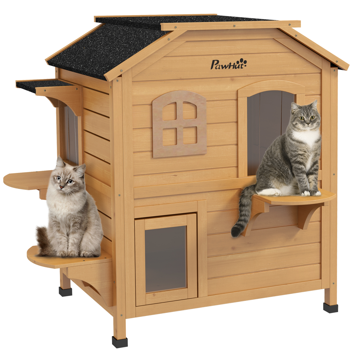Outdoor Solid Fir Wood 2-Story Cat House with Openable Roof & Cat Condo, 30kg