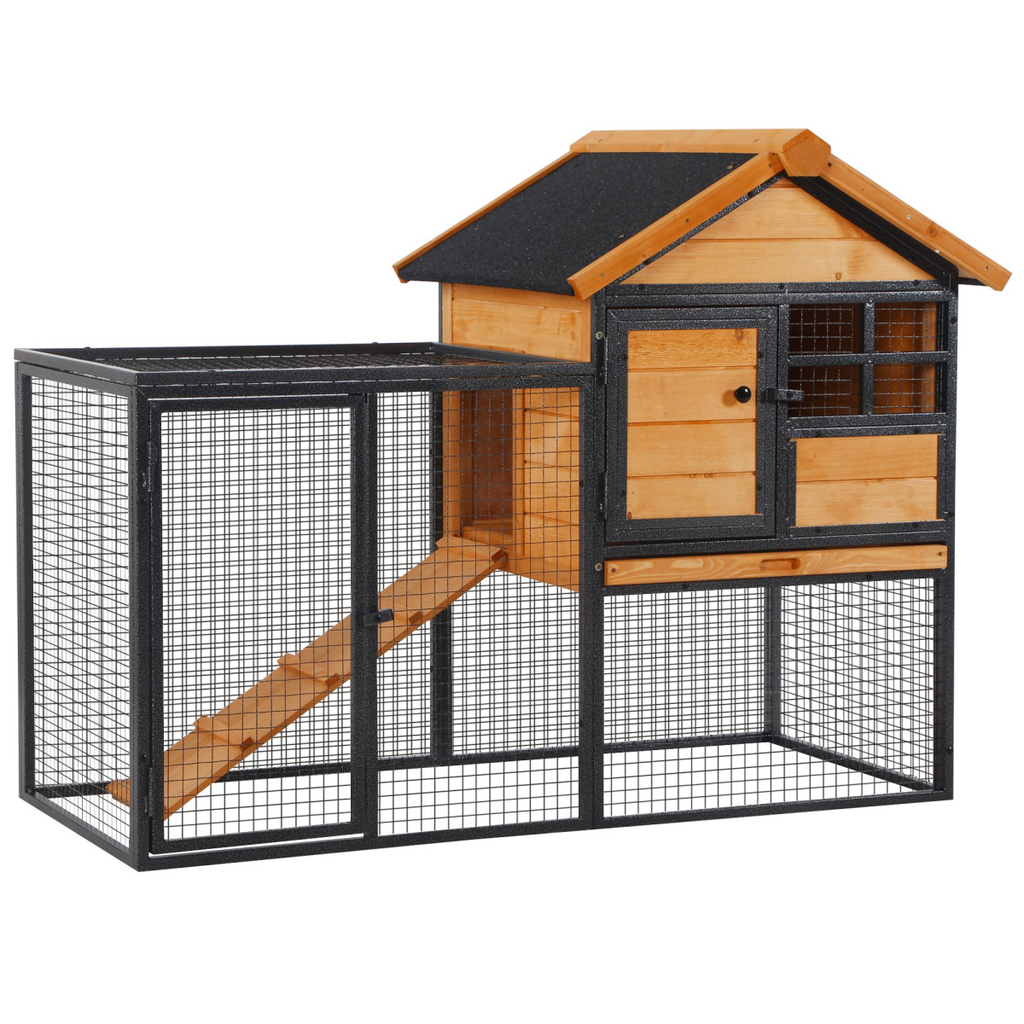 Wood-Metal Elevated Rabbit Hutch Outdoor 122x63x92cm w/ Ramp & Pull-Out Tray